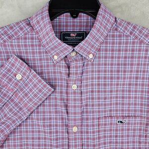 Vineyard Vines Button Down Mens Medium Pink Blue Plaid Performance Tucker Shirt